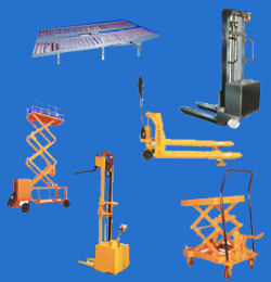 Material Handling Equipments, Hydraulic Pallet Trolleys, Scissor Pallet Trucks, Battery Operated Stackers, Drum Lifting & Tilting Stackers, Scissor Lift Tables, Scissor Work Platforms, Die Loading Platforms, Dock Levellers, Roller Conveyors, Floor Cranes, Goods Lifts, E.O.T. Cranes, JIB Cranes, Gantry Cranes